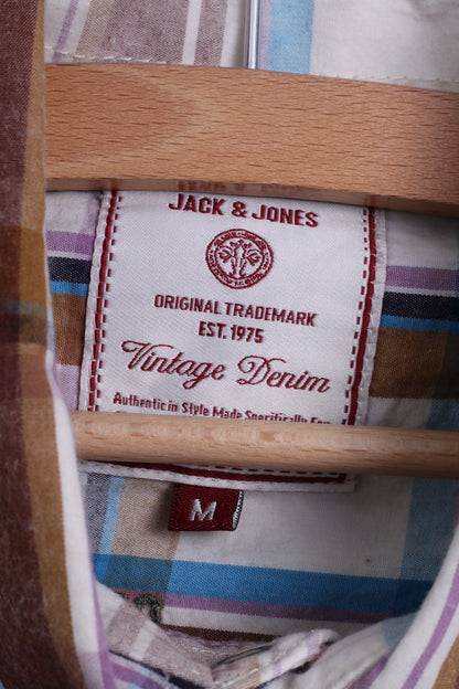 Jack & Jones Mens M Casual Shirt Cotton Brown Checkered Vintage Denim Long Sleeve