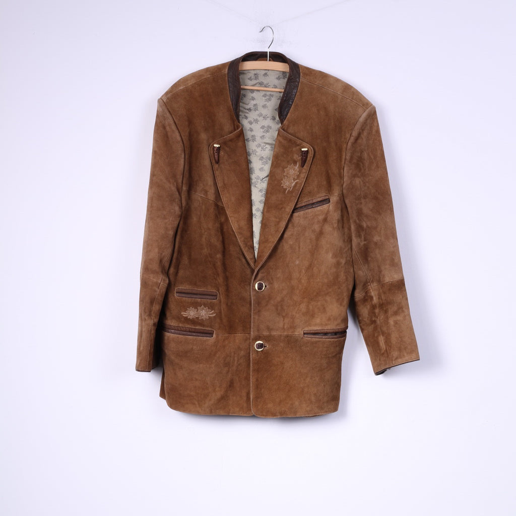 Italia C&amp;A Men 44 54 L Blazer Vintage Leather Camel Giacca con spalline in pelle scamosciata monopetto 