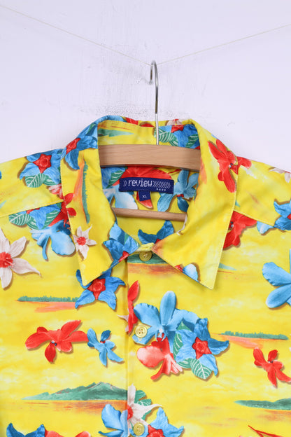 Review Men XL Casual Shirt Yellow Floral Print Summer Hawaii Short Sleeve Top