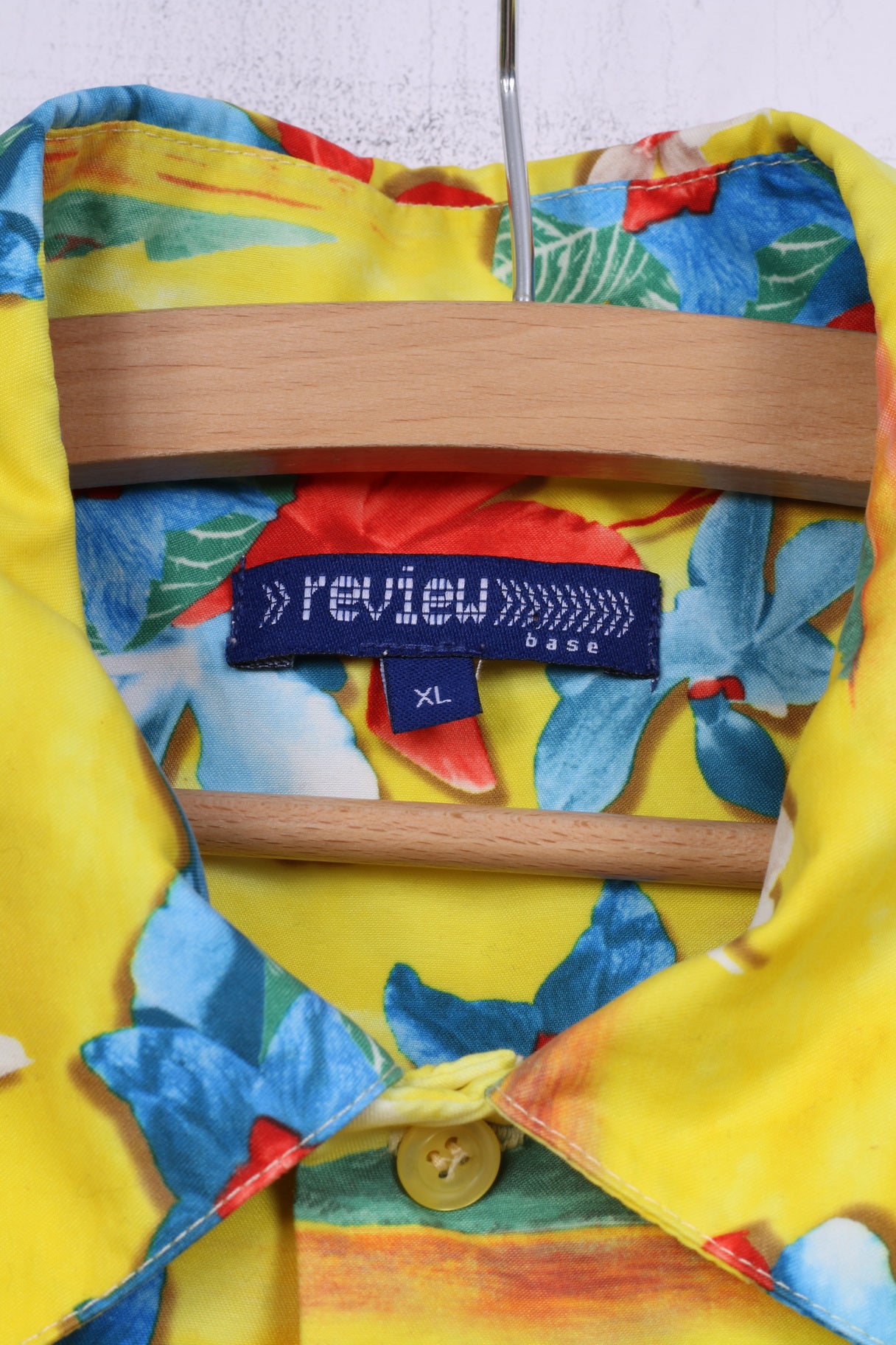 Review Men XL Casual Shirt Yellow Floral Print Summer Hawaii Short Sleeve Top