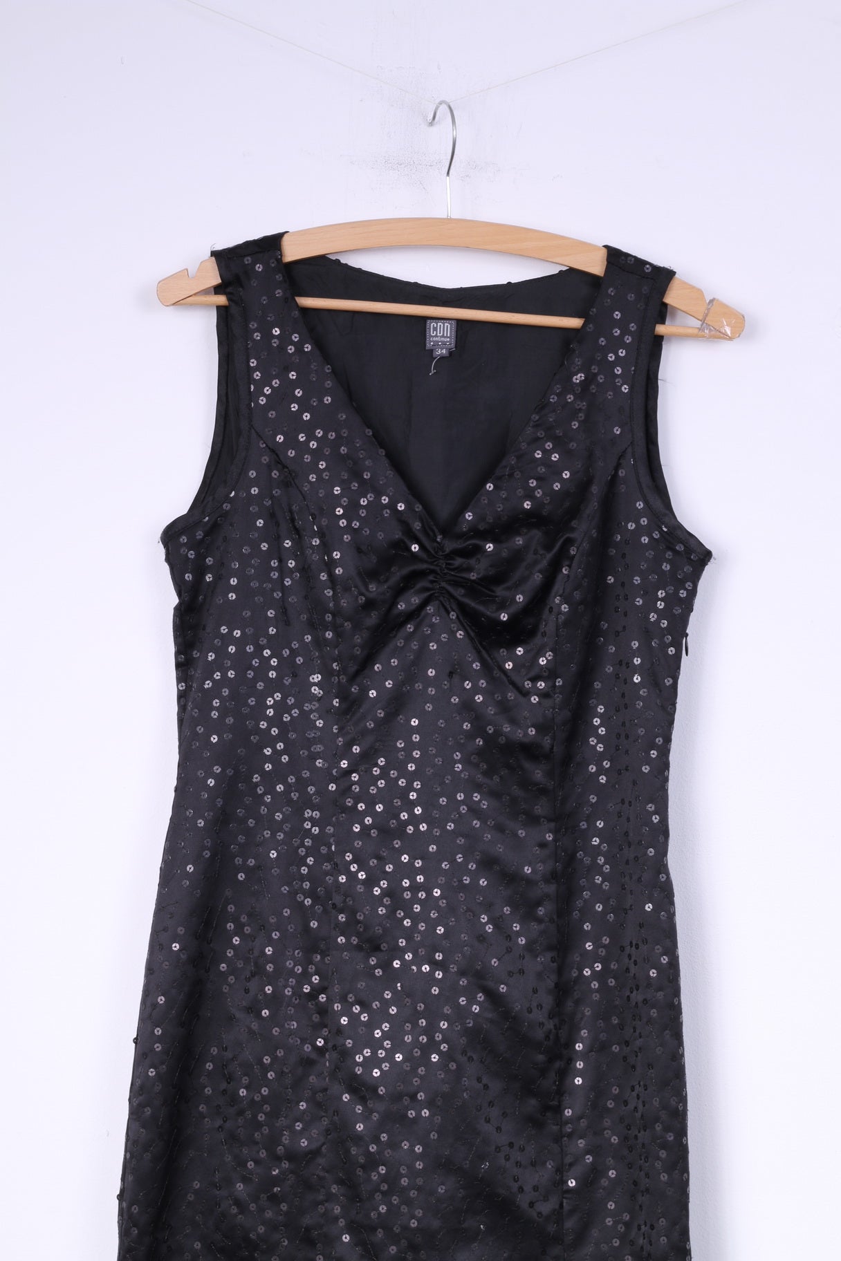 CDN Continue Mini robe pour femme 34 XS avec col en V et paillettes sans manches brillantes 