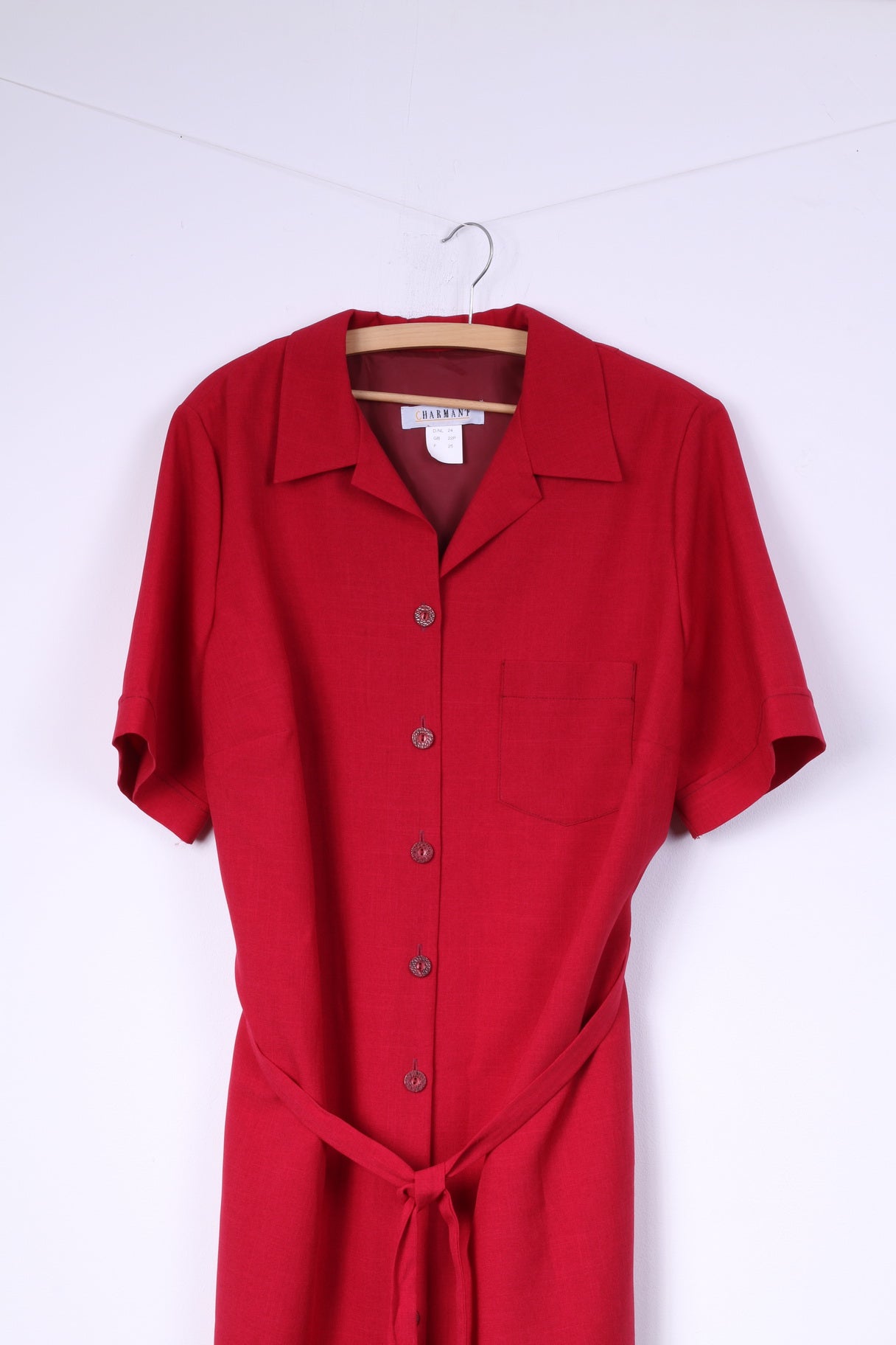 Charmant Femmes 22 XL Robe Midi Rouge Bouton Avant Épaulettes Manches Courtes Vintage 
