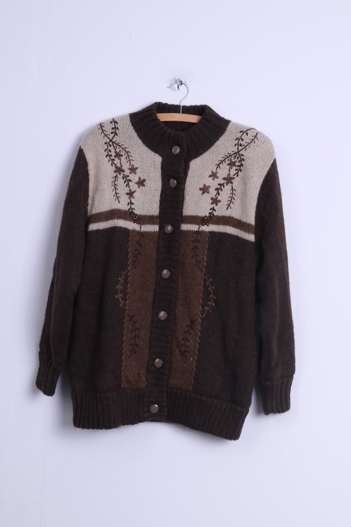 Affections Womens M/L Cardigan Jacket Brown Wool Blended Shoulder Pads Retro Sweater