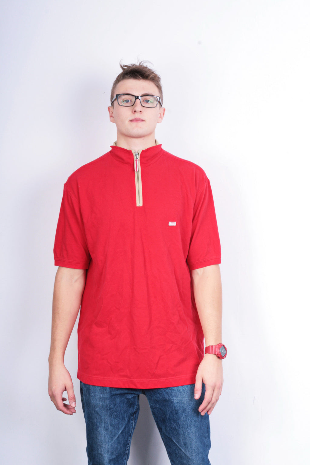 Arrow Americas Sport Mens XL Polo Shirt Red Cotton Top Zip Neck - RetrospectClothes