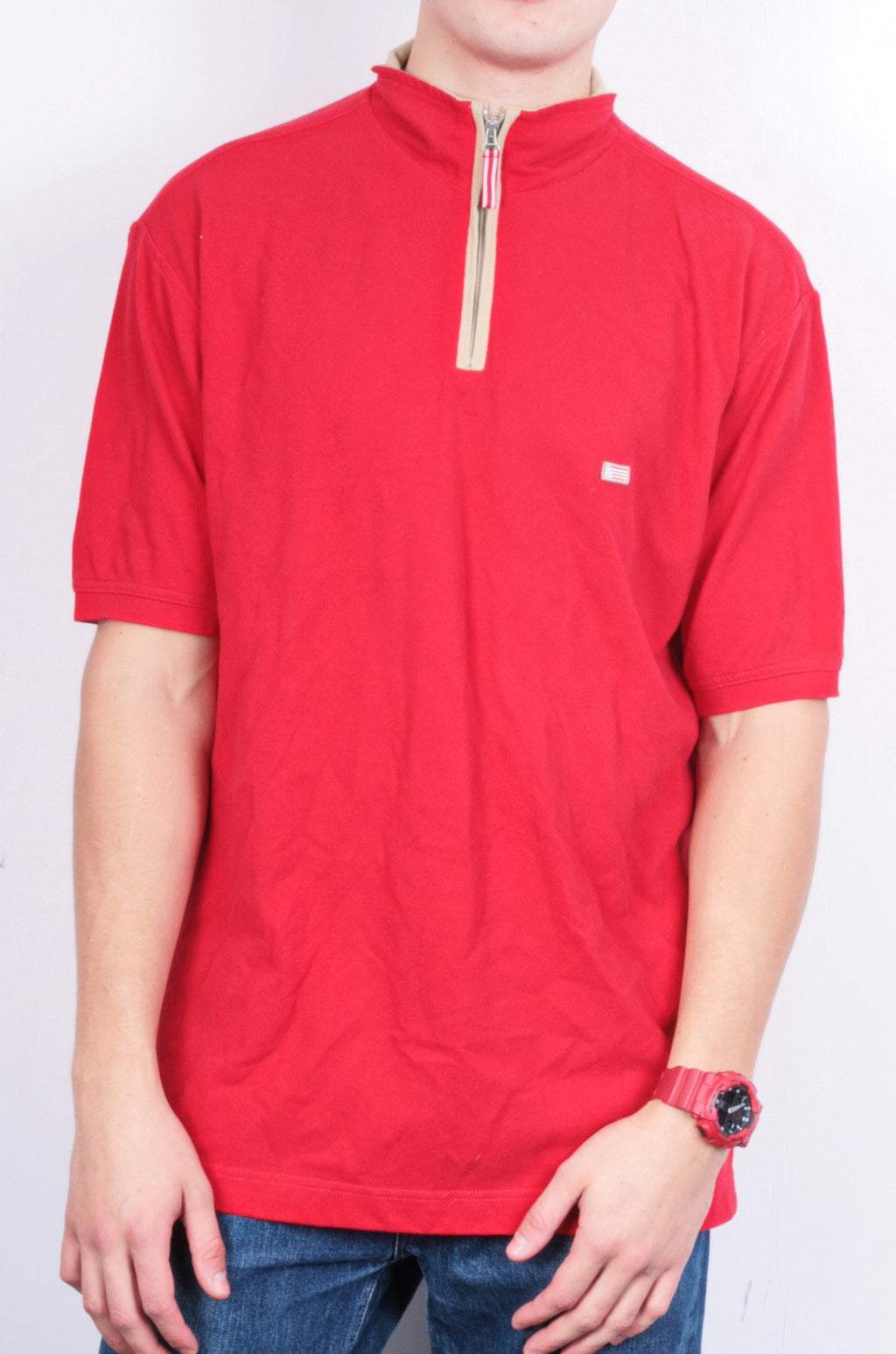 Arrow Americas Sport Mens XL Polo Shirt Red Cotton Top Zip Neck - RetrospectClothes