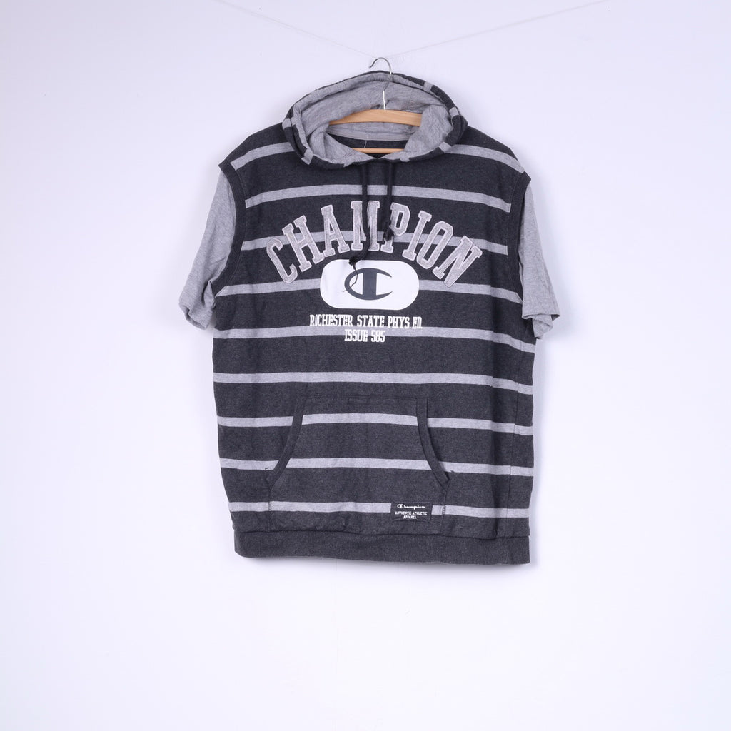 Champion Mens XL Shirt Grey Cotton Athlete Hooded Striped Sportswear Top