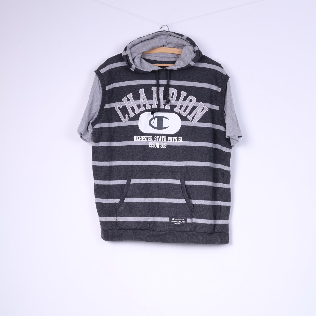 Champion Mens XL Shirt Grey Cotton Athlete Hooded Striped Sportswear Top