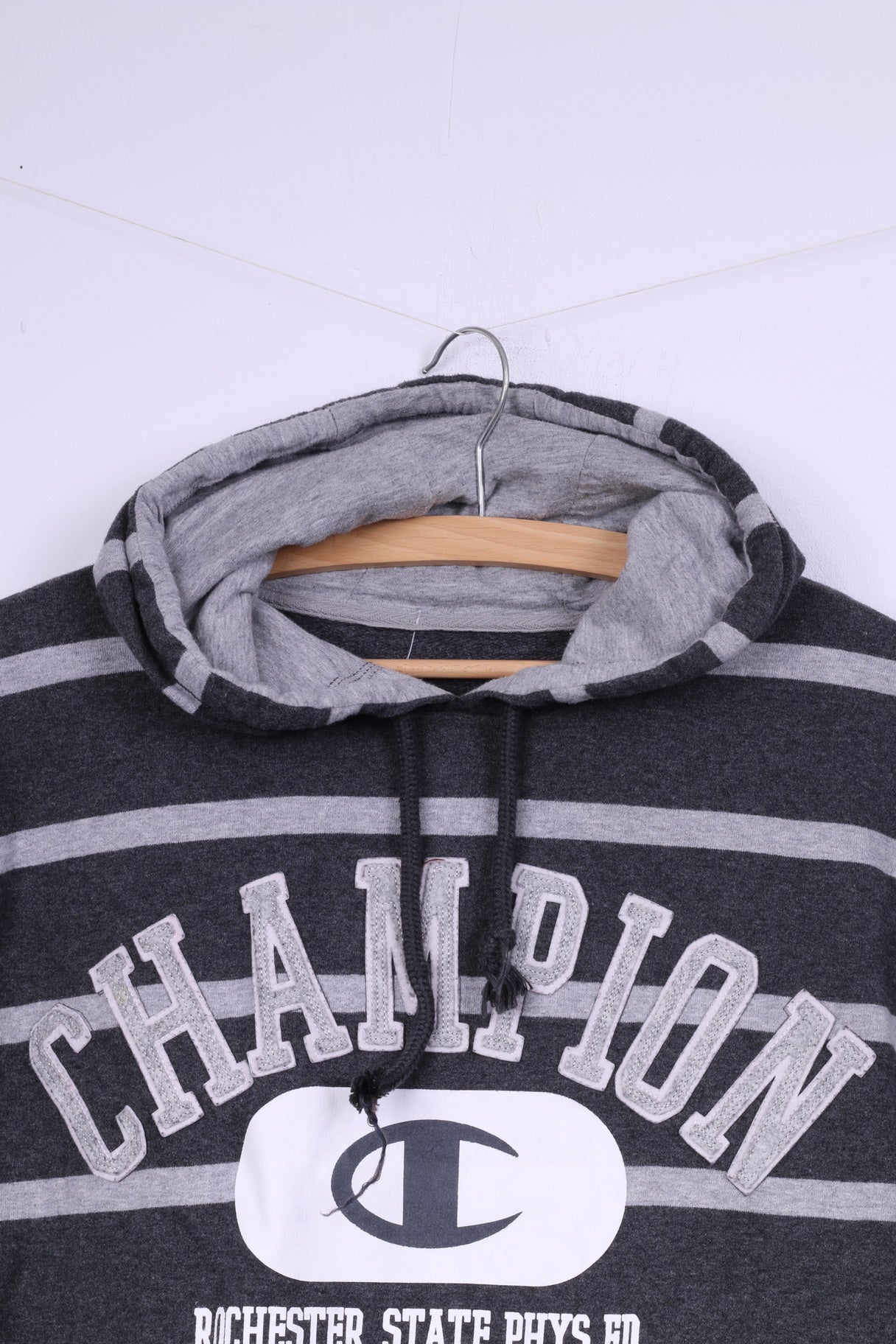 Champion Mens XL Shirt Grey Cotton Athlete Hooded Striped Sportswear Top