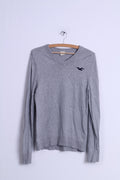 Hollister Pull L (S) pour homme en coton gris avec col en V, coupe légère