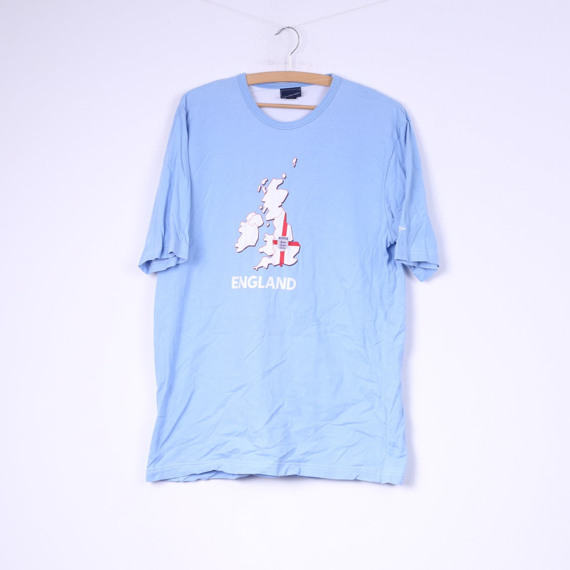 T-shirt Umbro England da uomo L, top girocollo in cotone azzurro 