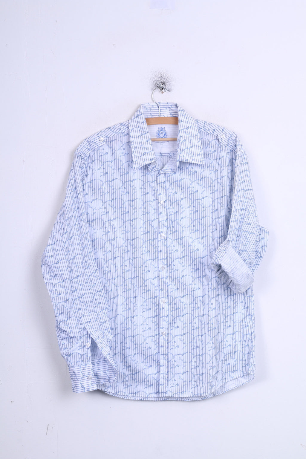 DENIM 73 Mens L Casual Shirt Long Sleeve White Striped Cotton Standard Collar