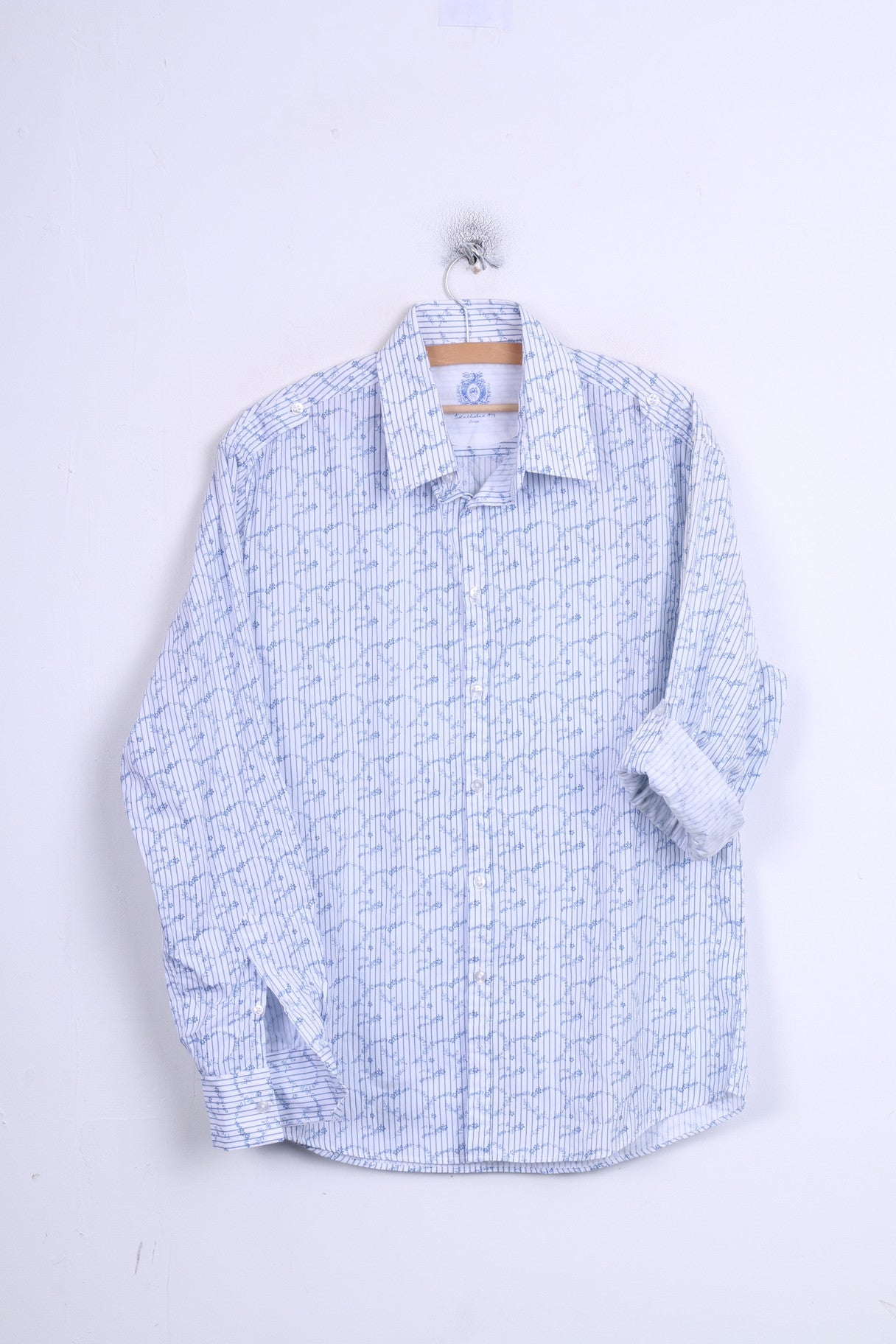 DENIM 73 Mens L Casual Shirt Long Sleeve White Striped Cotton Standard Collar