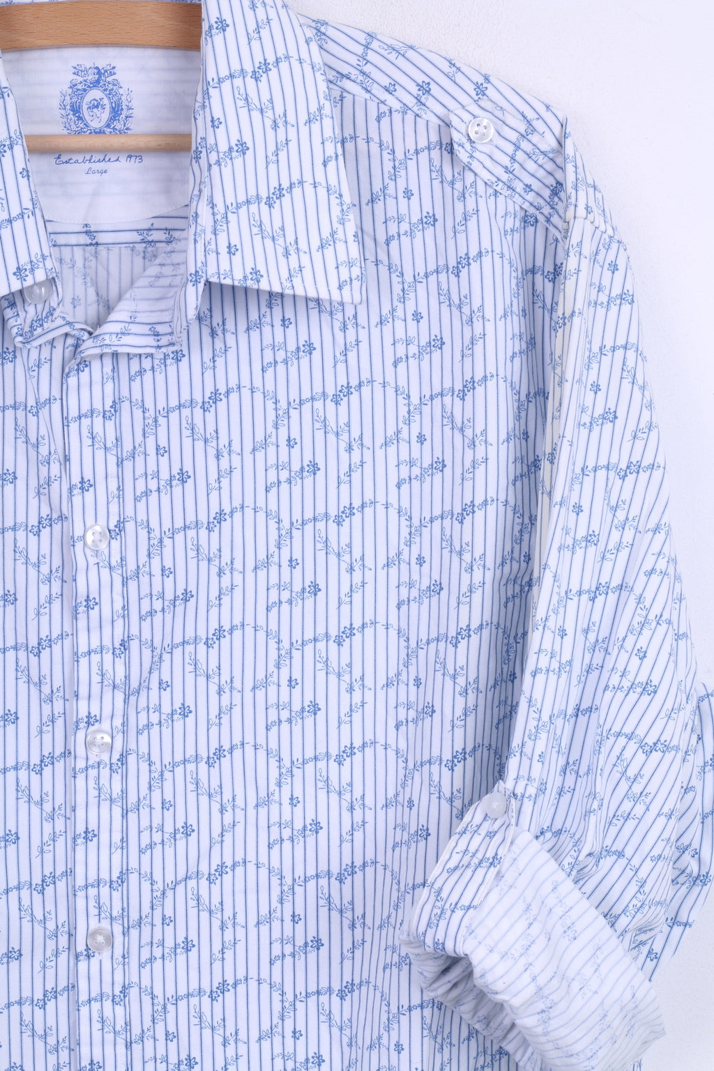 DENIM 73 Mens L Casual Shirt Long Sleeve White Striped Cotton Standard Collar