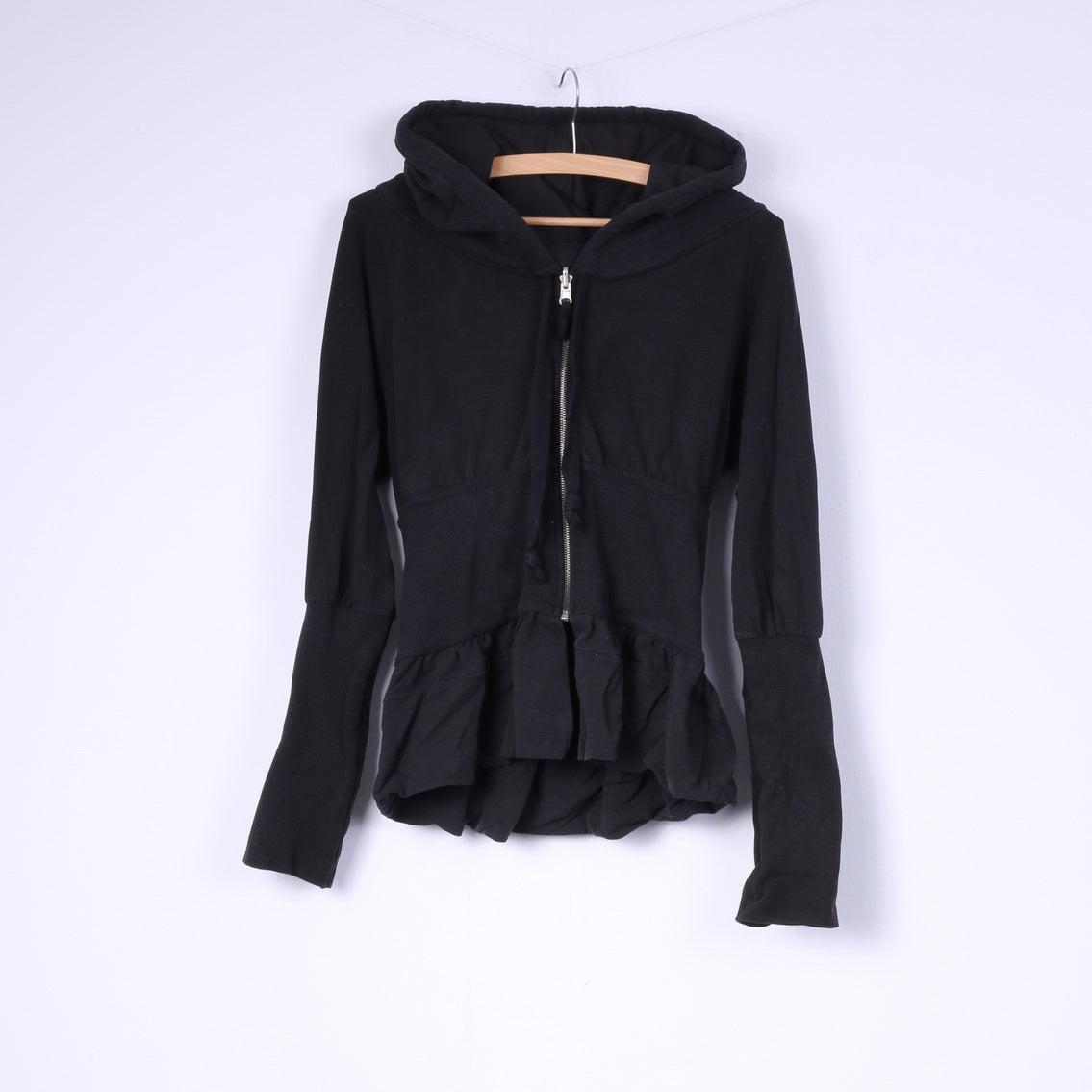 Phard Women S Sweatshirt Black Flounce Cotton Hooded Full Zipper Top