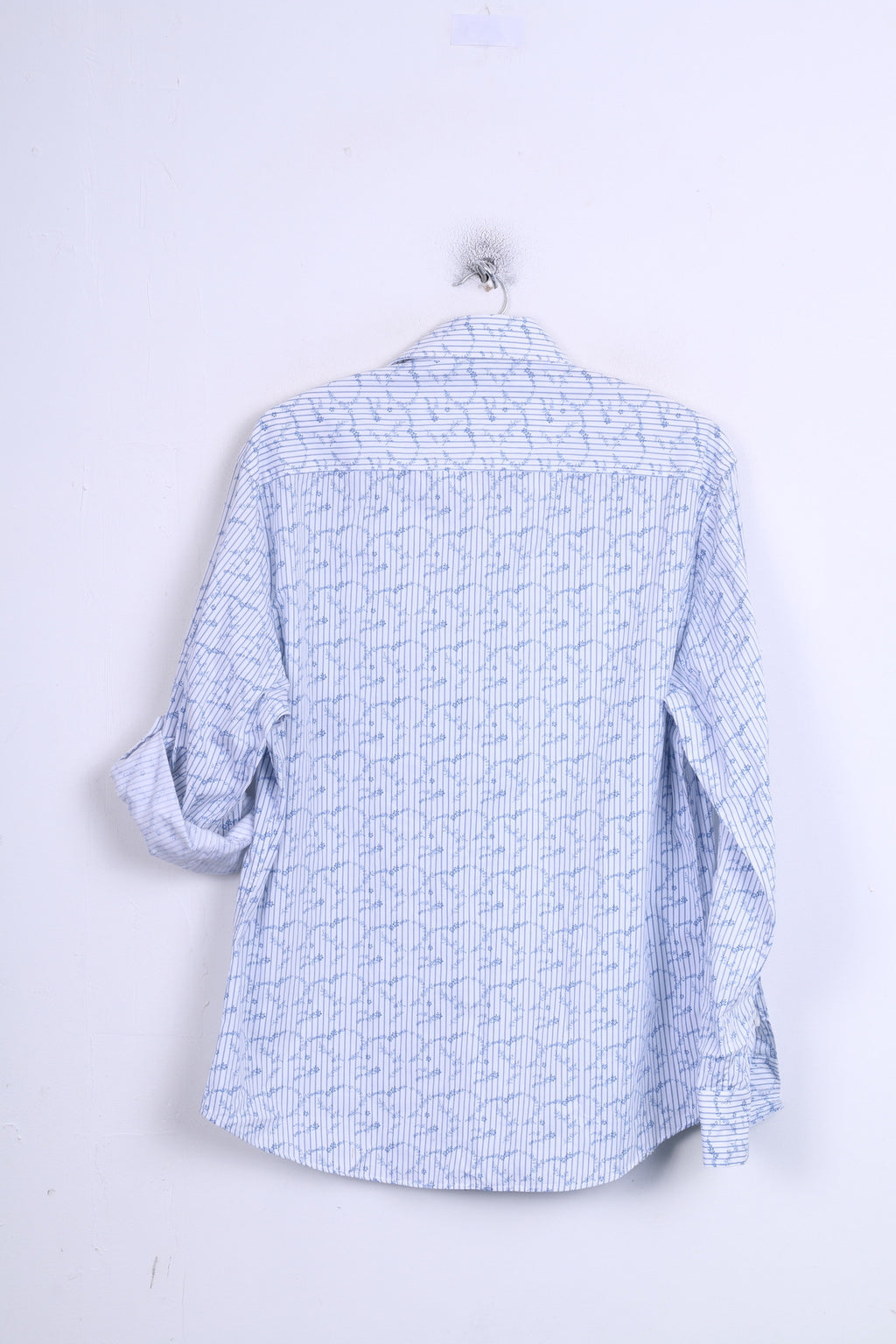 DENIM 73 Mens L Casual Shirt Long Sleeve White Striped Cotton Standard Collar