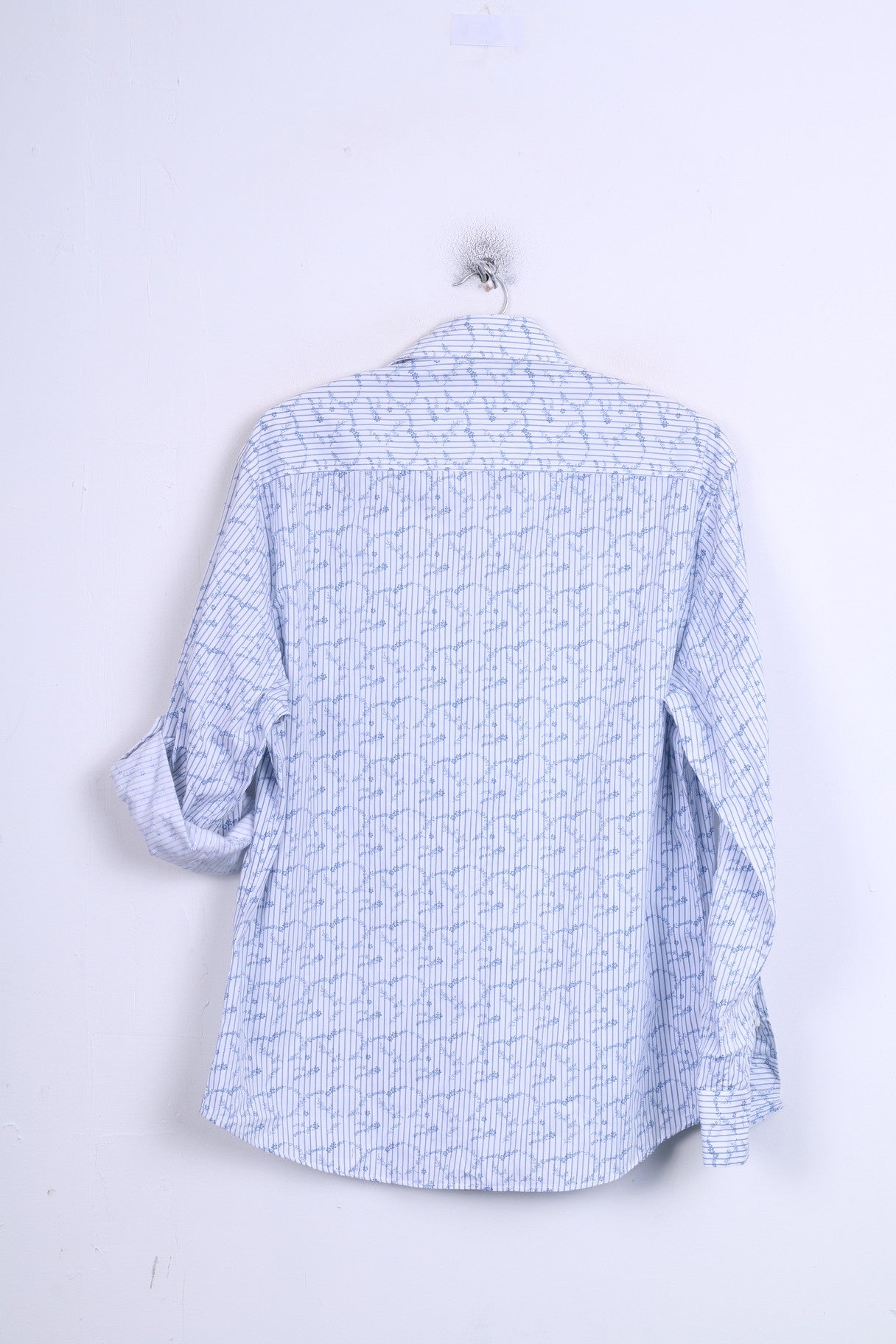 DENIM 73 Mens L Casual Shirt Long Sleeve White Striped Cotton Standard Collar