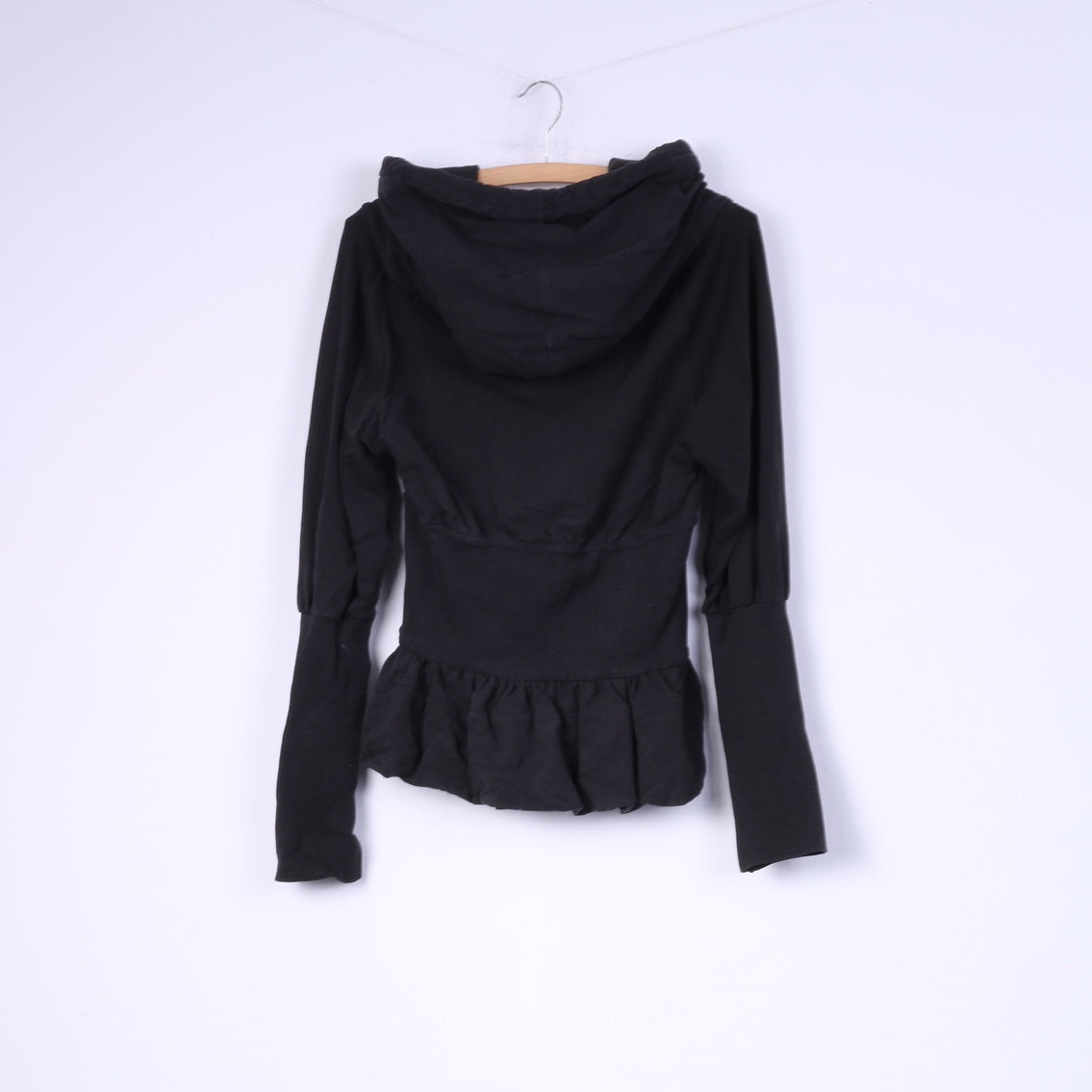 Phard Women S Sweatshirt Black Flounce Cotton Hooded Full Zipper Top