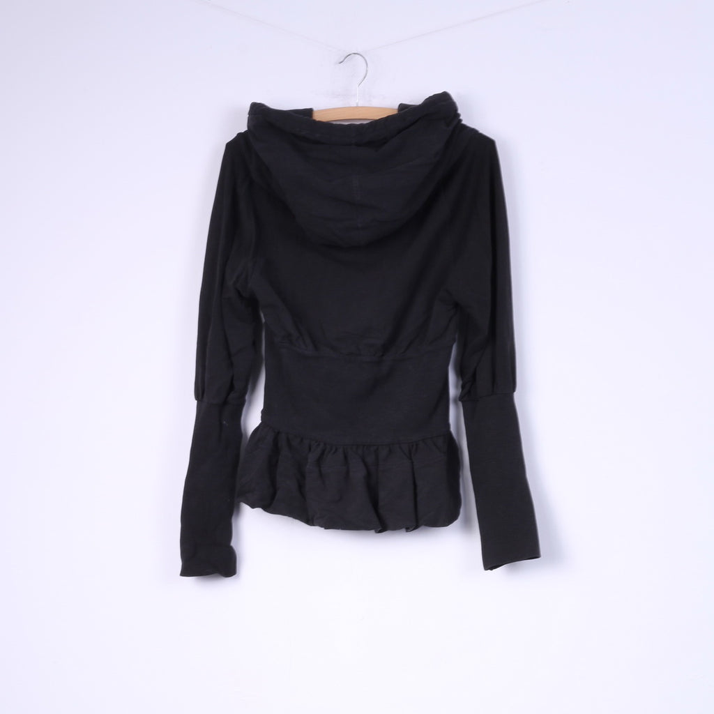 Phard Sweat-shirt noir à volants en coton pour femme avec capuche et fermeture éclair complète 