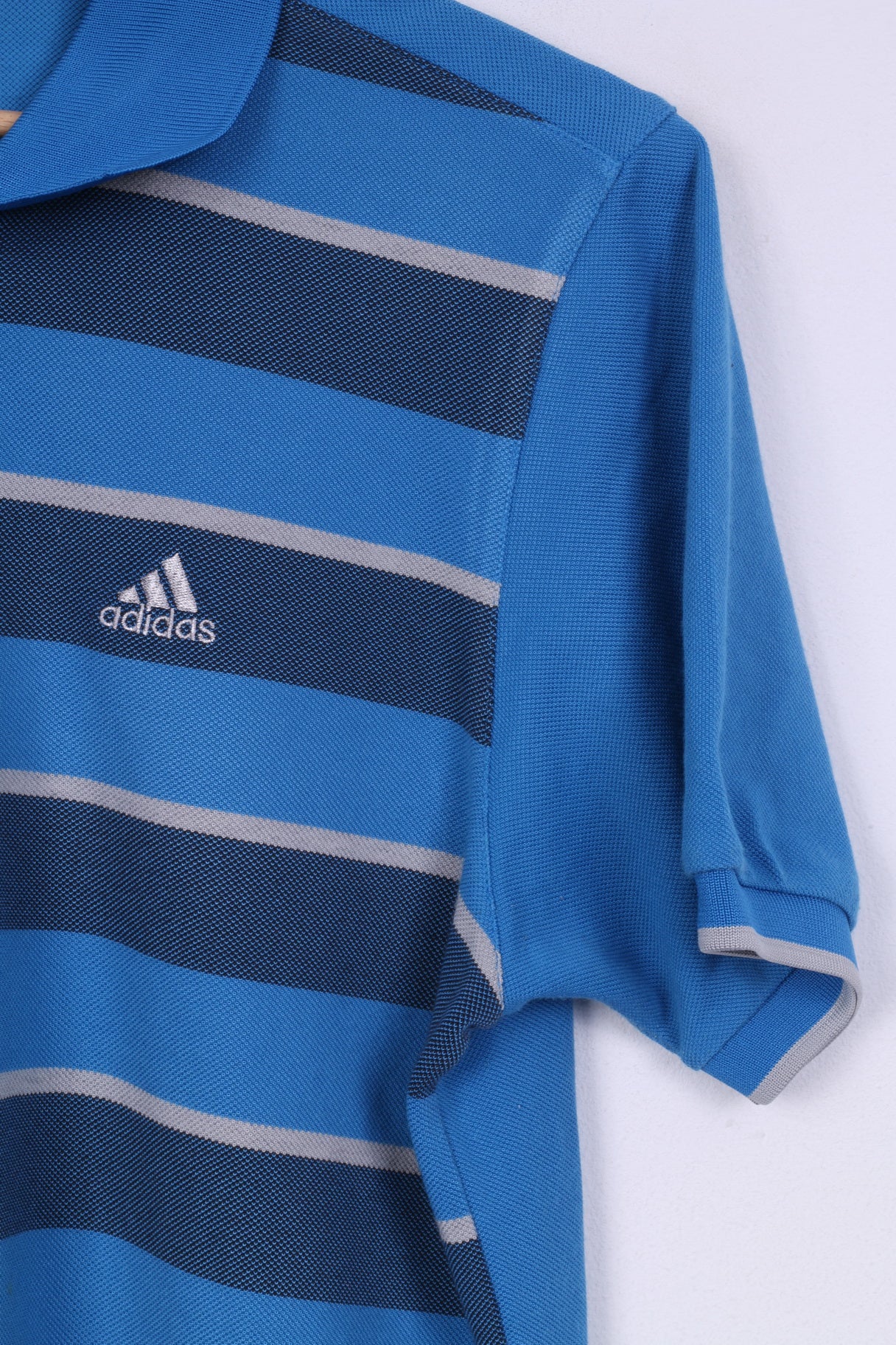 Adidas Mens M Polo Shirt Blue Striped Short Sleeve Cotton Blend Summer Top