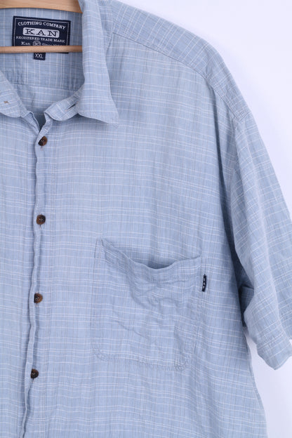KAN Mens XXL Casual Shirt Cotton Blue Checkered Short Sleeve