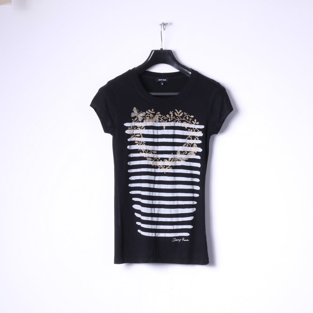 Denny Rose Womens S Shirt Black Graphic Heart Stretch Fit Top Made in Italy