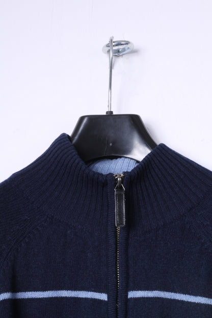 Maglione XL da uomo Guise Cardigan con cerniera in misto lana e cashmere a righe blu scuro