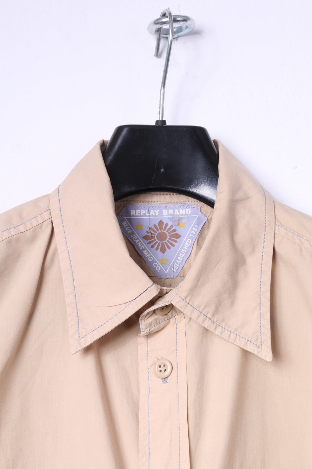 Replay Brand Blue Jeans Mens XL Casual Shirt Beige Cotton Embroidered Short Sleeve Top