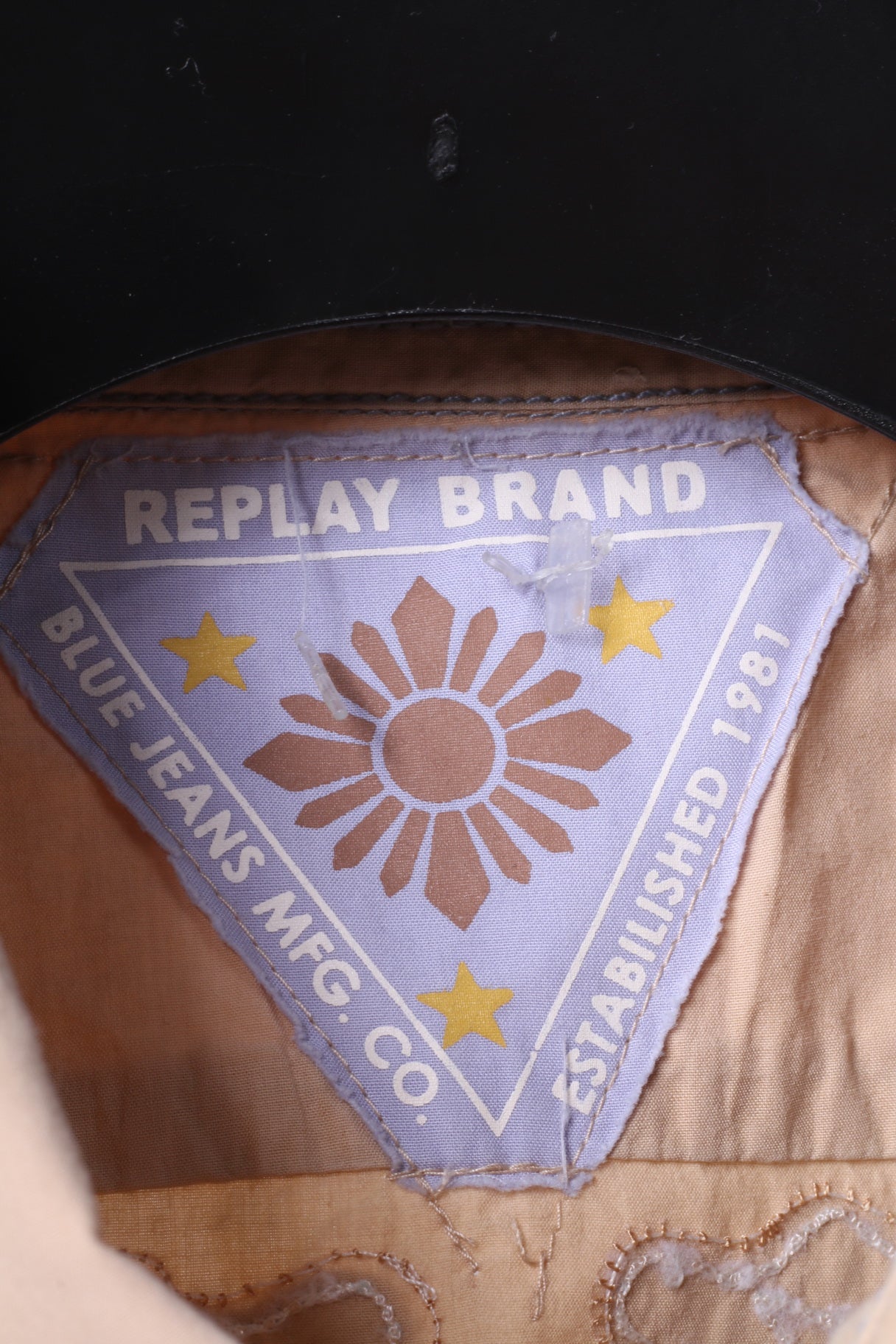 Replay Brand Blue Jeans Mens XL Casual Shirt Beige Cotton Embroidered Short Sleeve Top