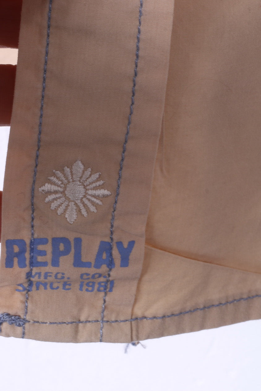 Replay Brand Blue Jeans Mens XL Casual Shirt Beige Cotton Embroidered Short Sleeve Top