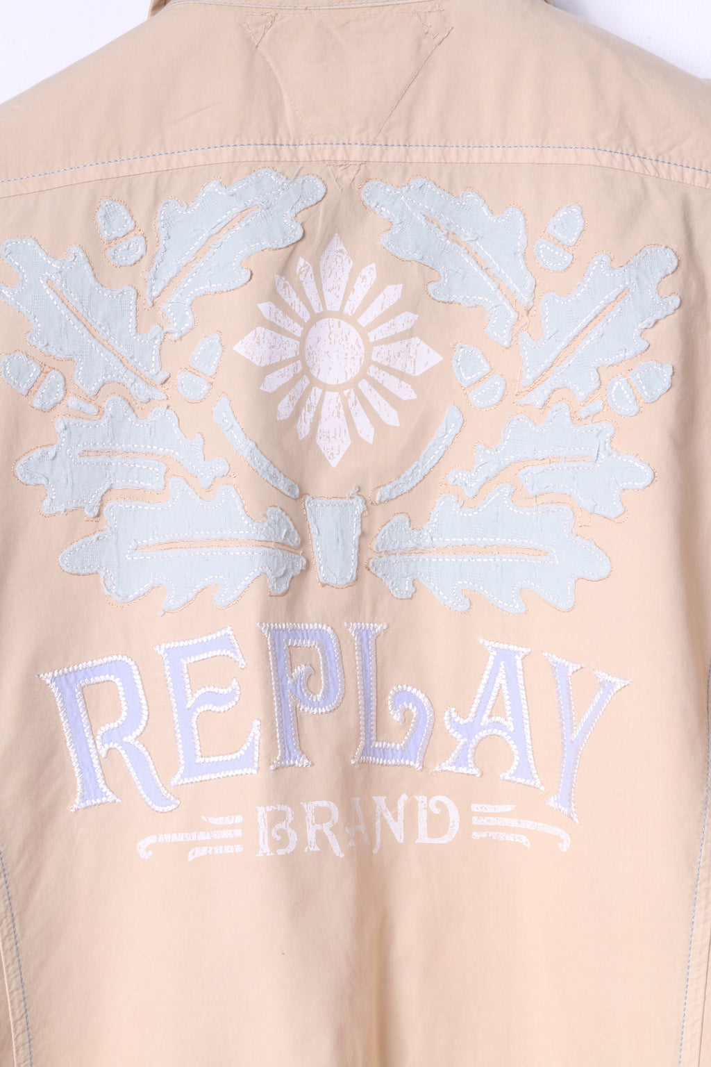 Replay Brand Blue Jeans Mens XL Casual Shirt Beige Cotton Embroidered Short Sleeve Top