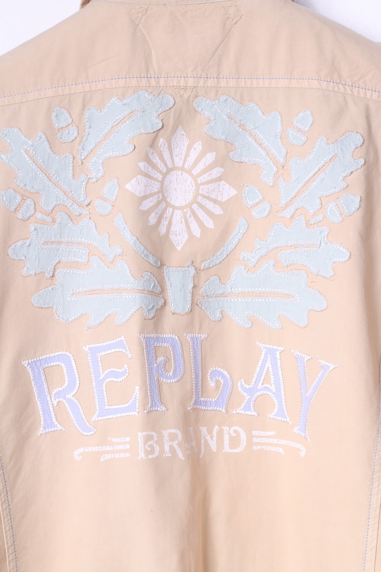 Replay Brand Blue Jeans Mens XL Casual Shirt Beige Cotton Embroidered Short Sleeve Top