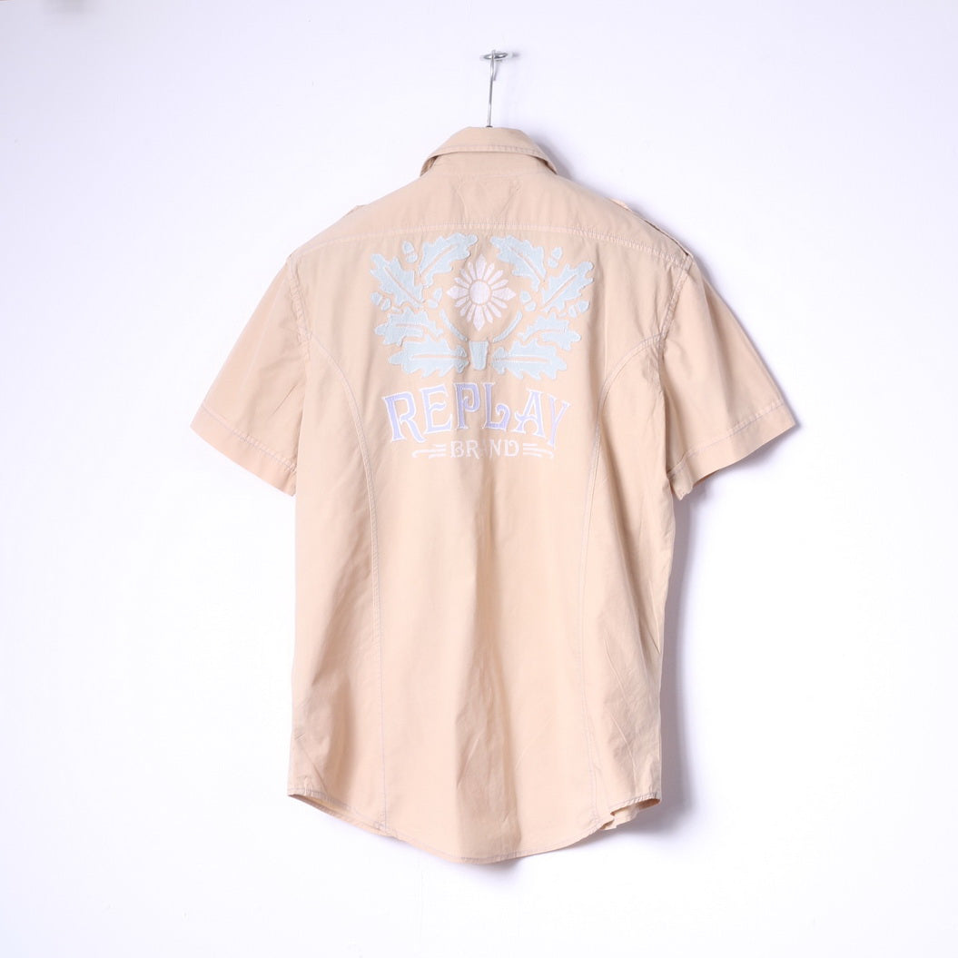 Replay Brand Blue Jeans Mens XL Casual Shirt Beige Cotton Embroidered Short Sleeve Top