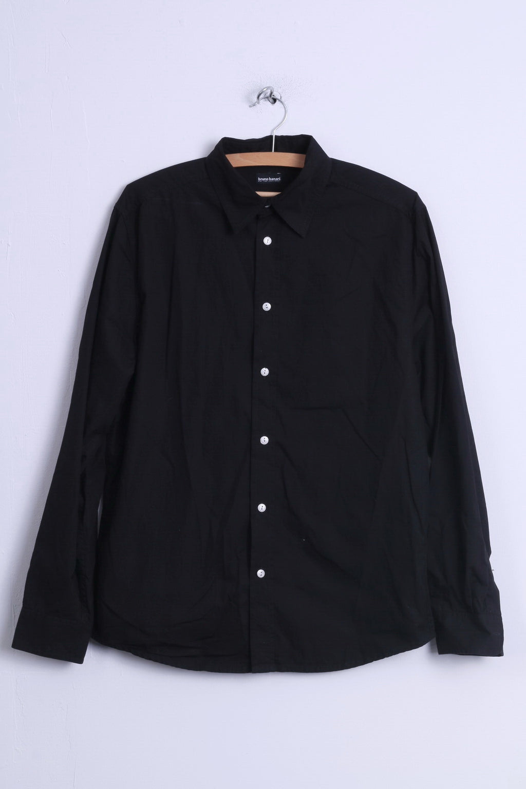 Camicia casual da uomo Bruno Banani S in cotone nero con bottoni argento a maniche lunghe ricamata sul retro