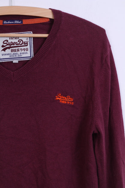 Superdry Vintage Mens M Jumper Cashmere Blend V Neck Burgundy Light Sweater