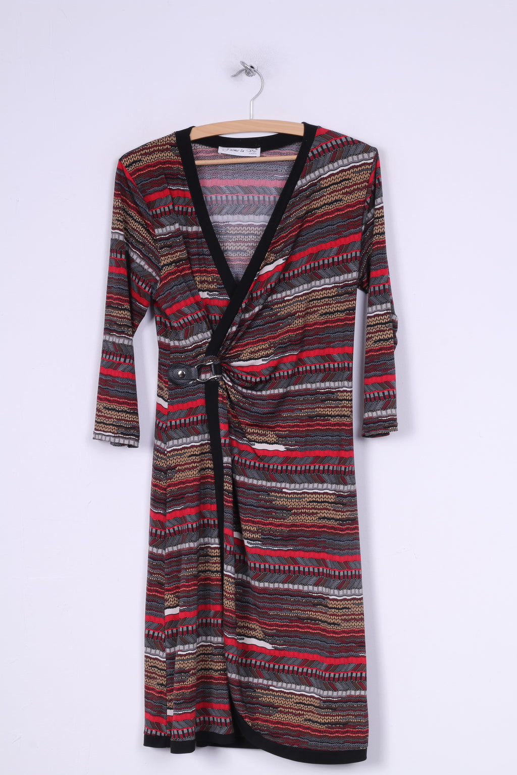 J'aime la vie Womens 4 Midi Dress V Neck Multi Patern Black Red 7/8 Sleeve Robe Johana 