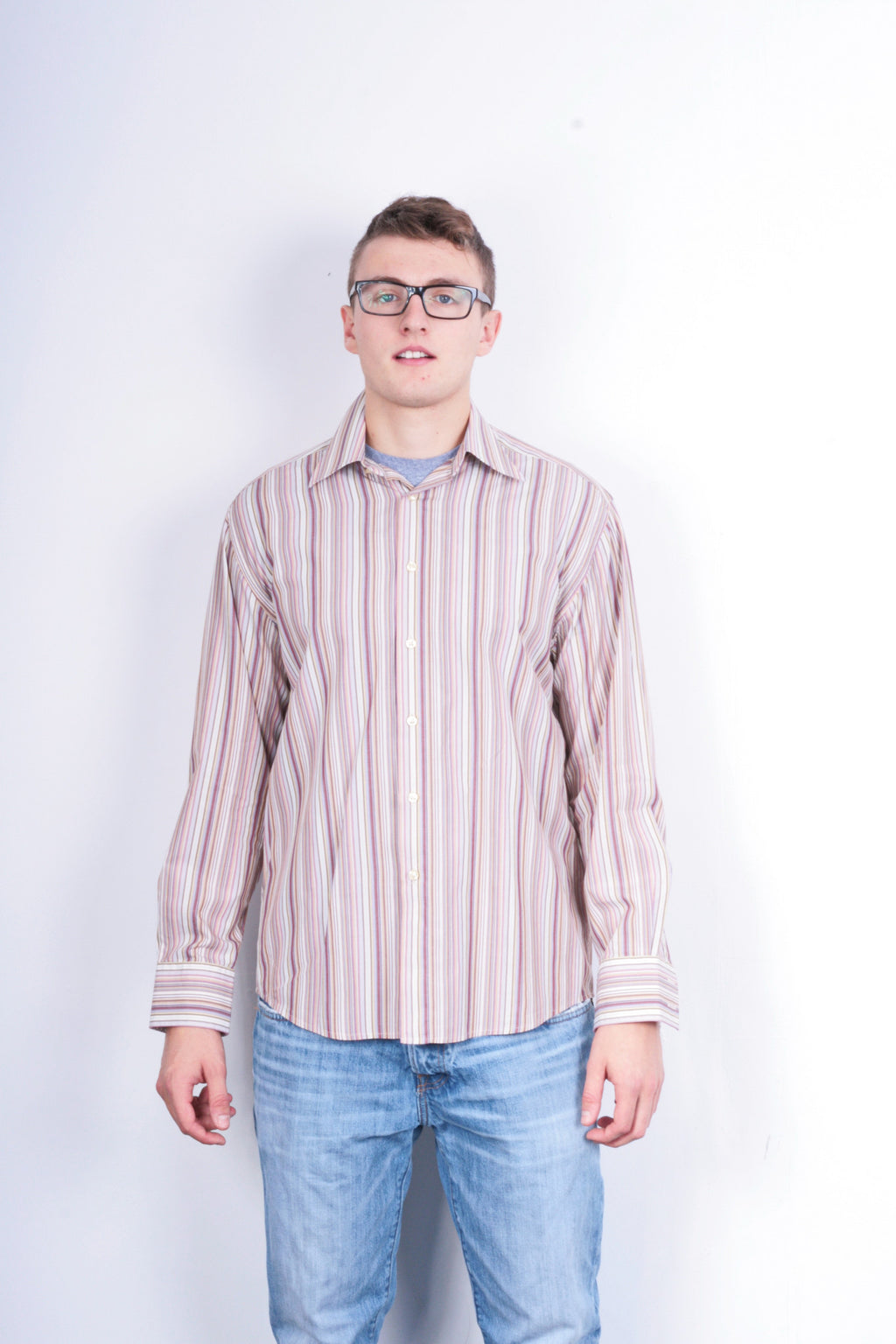 Racing Green Mens L Casual Shirt Striped Super Fine Cotton Brown Cotton - RetrospectClothes