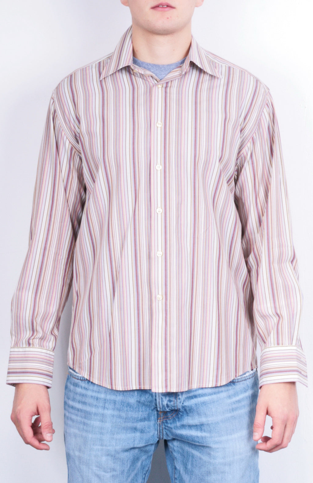 Racing Green Mens L Casual Shirt Striped Super Fine Cotton Brown Cotton - RetrospectClothes