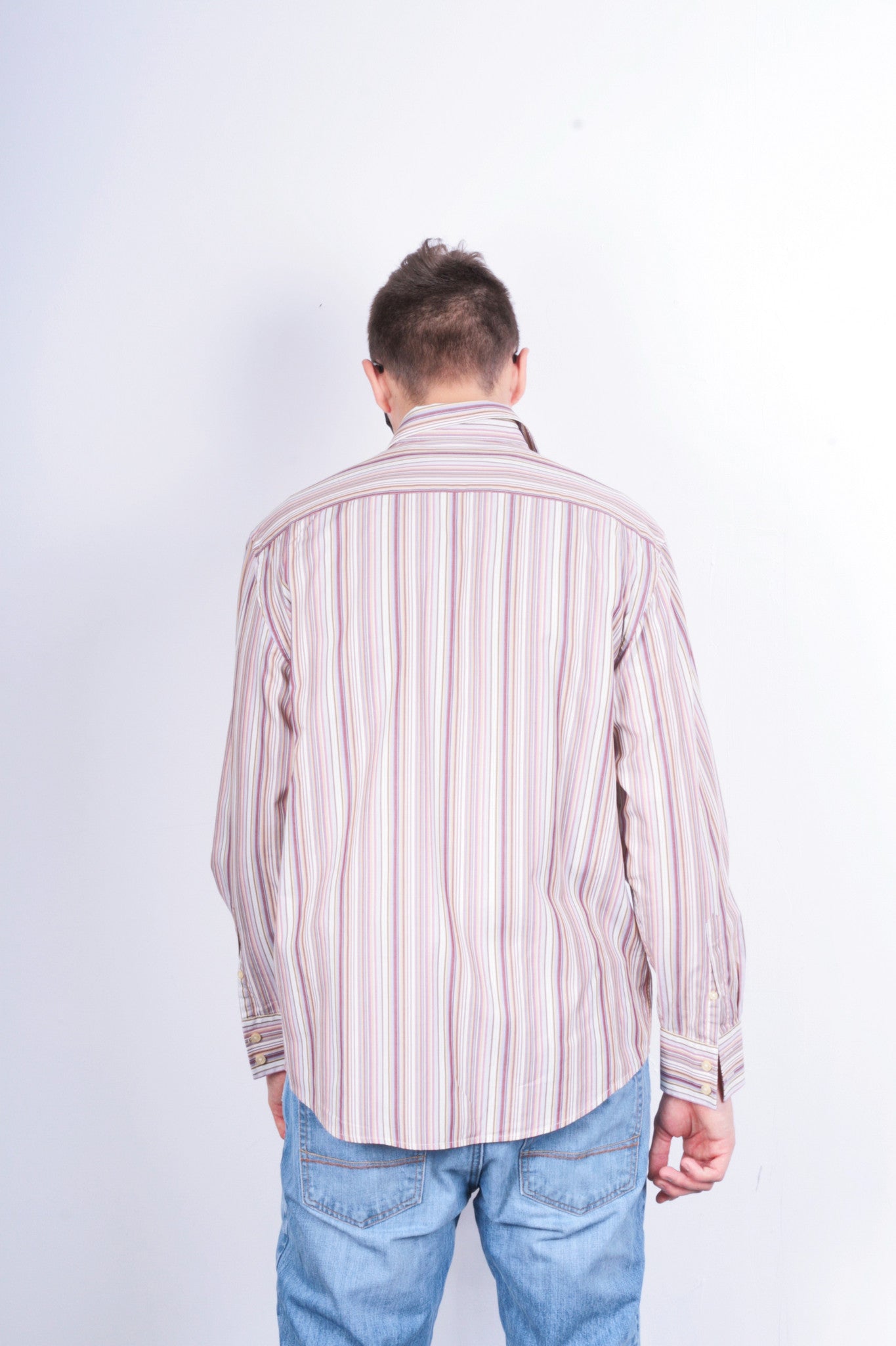 Racing Green Mens L Casual Shirt Striped Super Fine Cotton Brown Cotton - RetrospectClothes