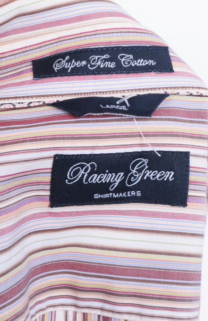 Racing Green Mens L Casual Shirt Striped Super Fine Cotton Brown Cotton - RetrospectClothes