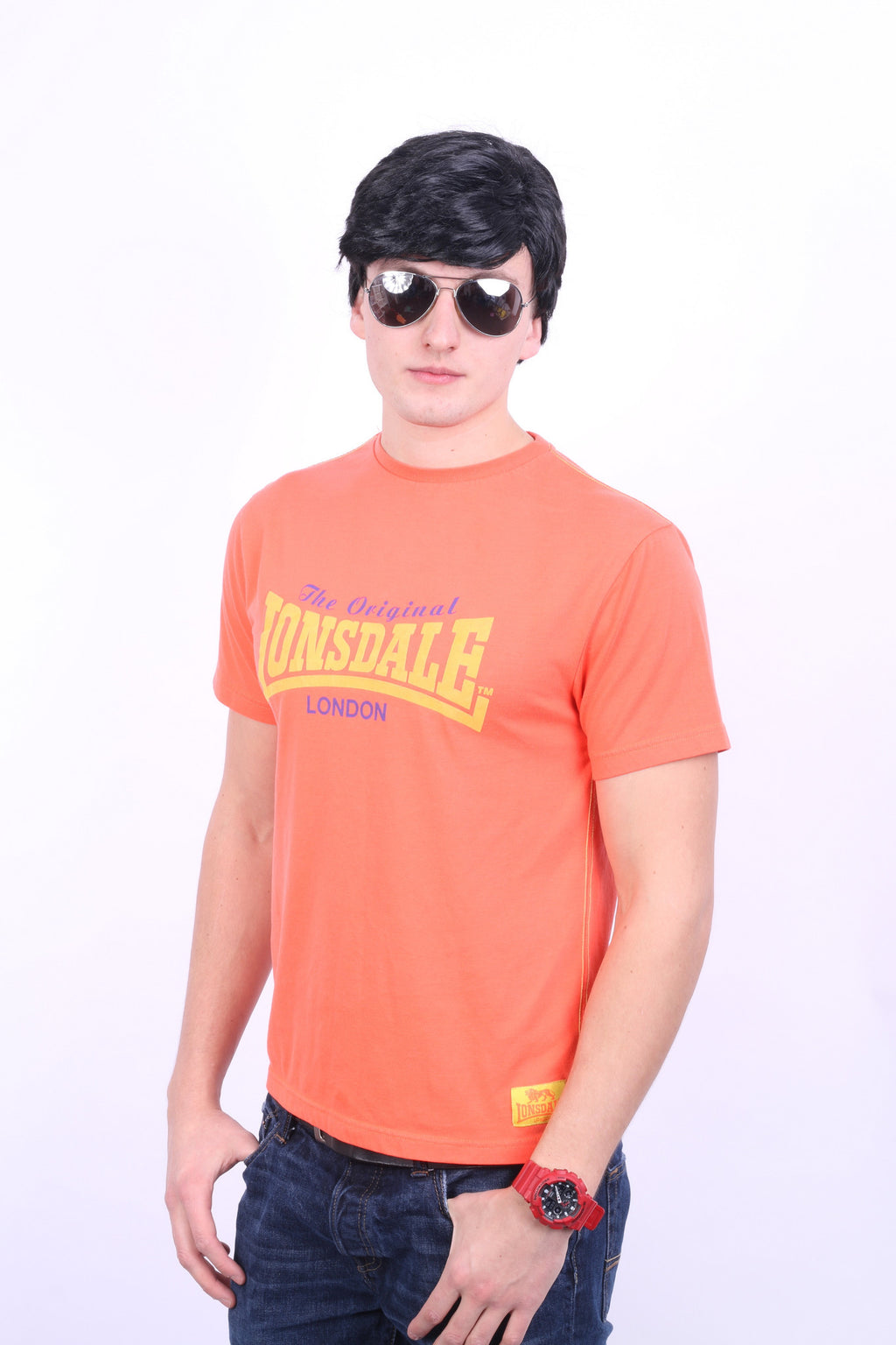Lonsdale London Mens S T-Shirt Classic Logo Lion Orange Top Training - RetrospectClothes