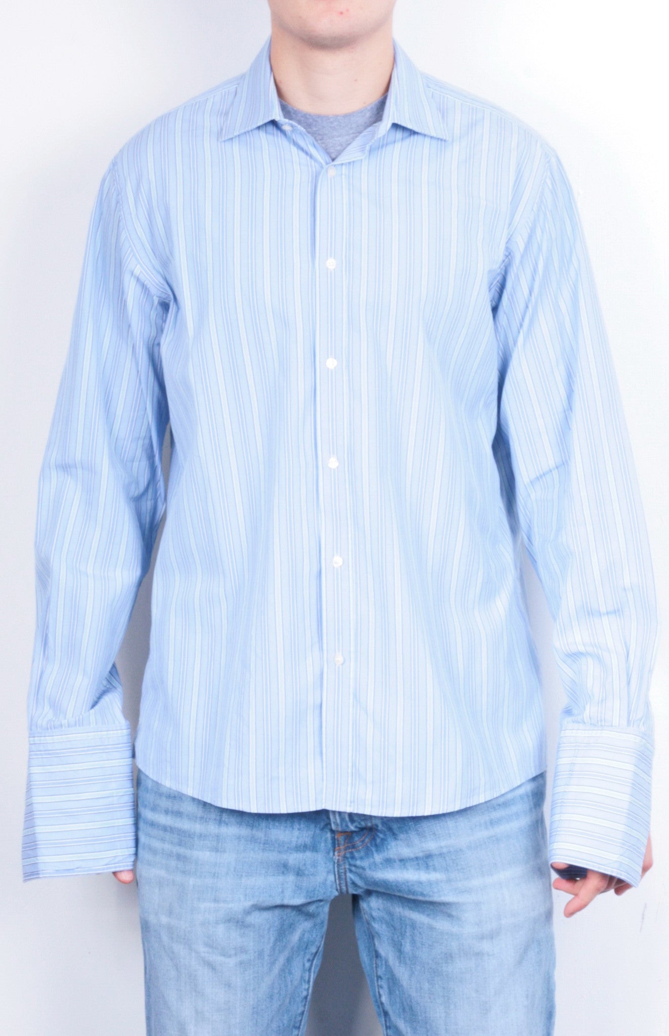 Jaeger Mens 16.5 M Formal Shirt Striped Blue Cotton Slim Fit Cufflinks - RetrospectClothes