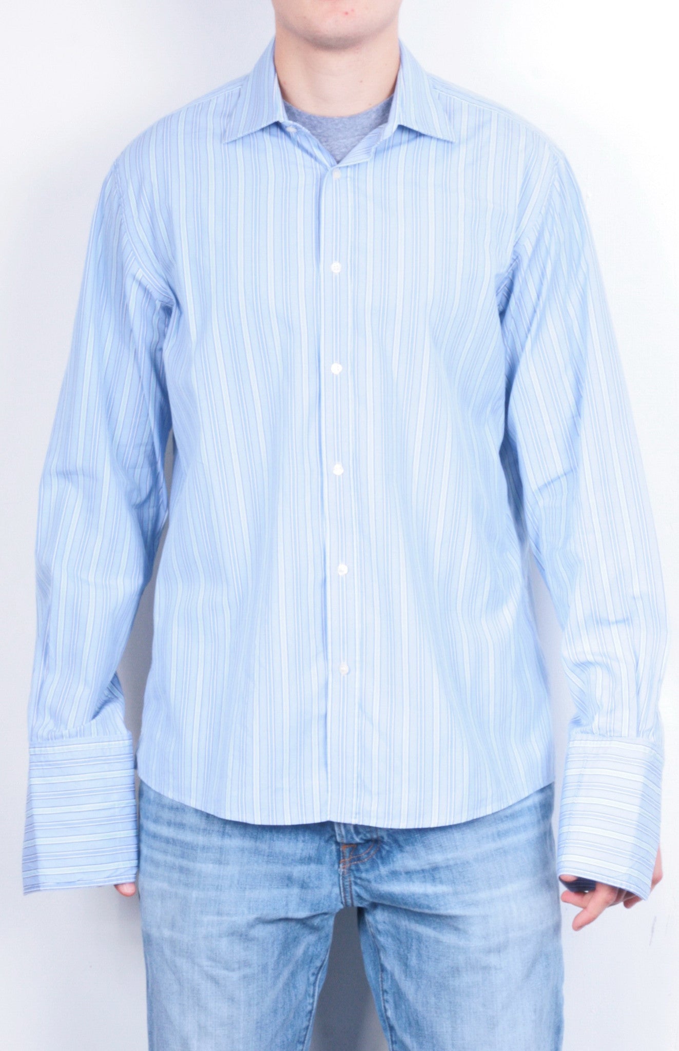 Jaeger Mens 16.5 M Formal Shirt Striped Blue Cotton Slim Fit Cufflinks - RetrospectClothes