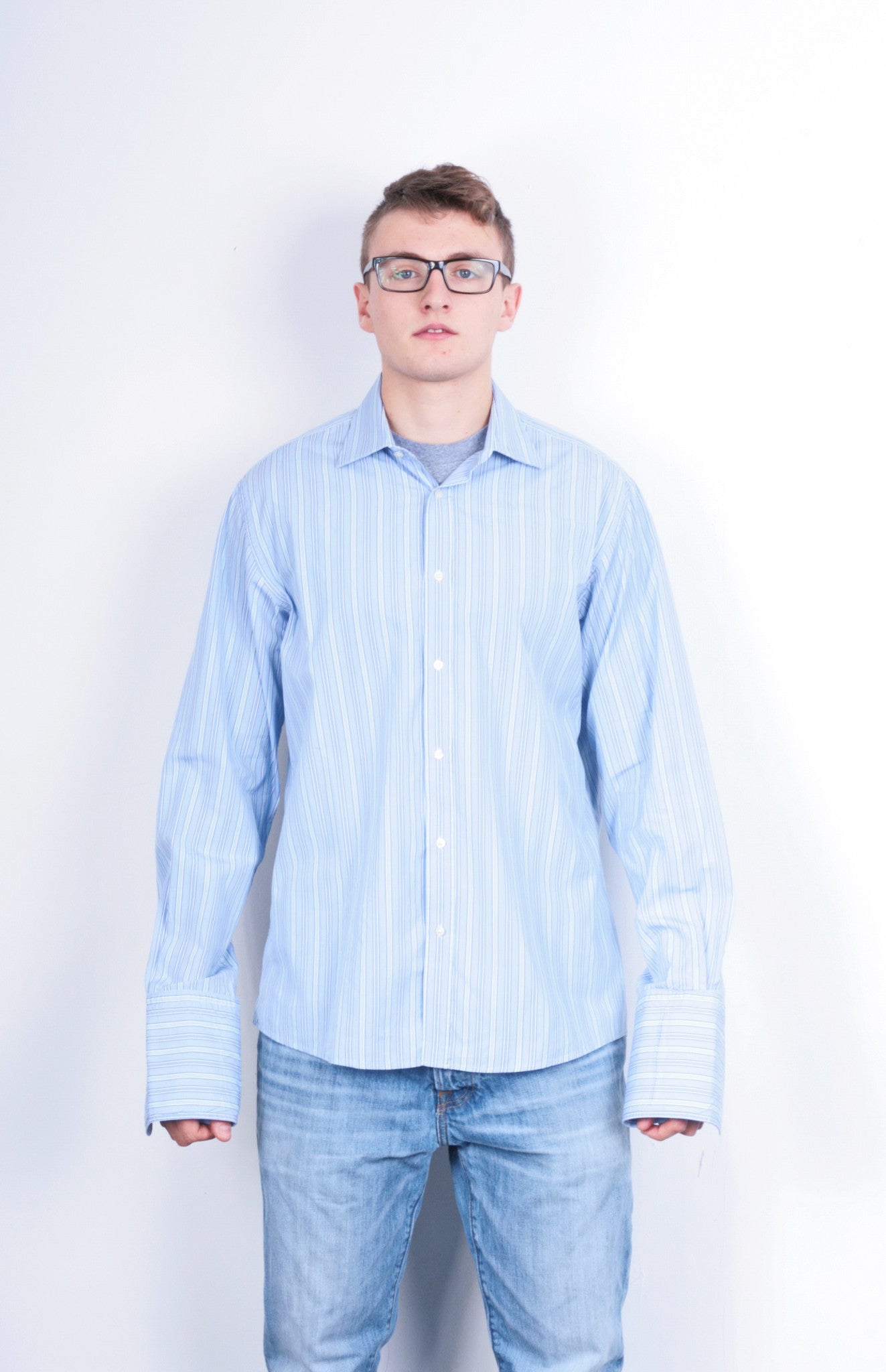 Jaeger Mens 16.5 M Formal Shirt Striped Blue Cotton Slim Fit Cufflinks - RetrospectClothes