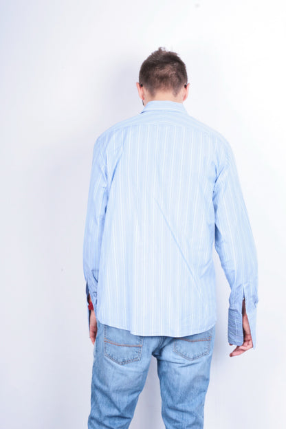 Jaeger Mens 16.5 M Formal Shirt Striped Blue Cotton Slim Fit Cufflinks - RetrospectClothes