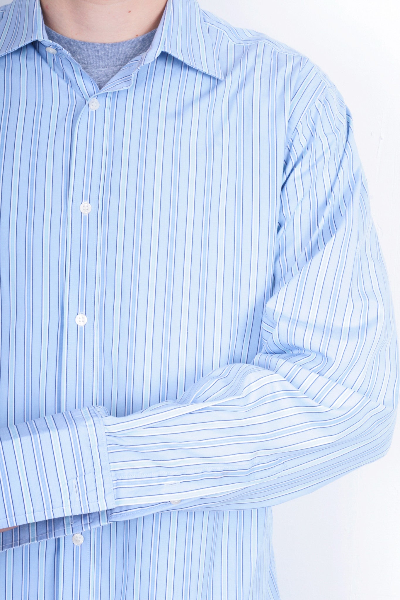 Jaeger Mens 16.5 M Formal Shirt Striped Blue Cotton Slim Fit Cufflinks - RetrospectClothes