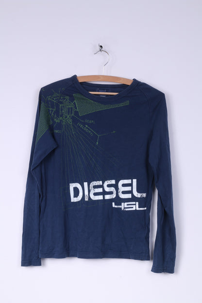 Diesel Boys L 14 Age Graphic Shirt Navy Long Sleeve Cotton Henley Top