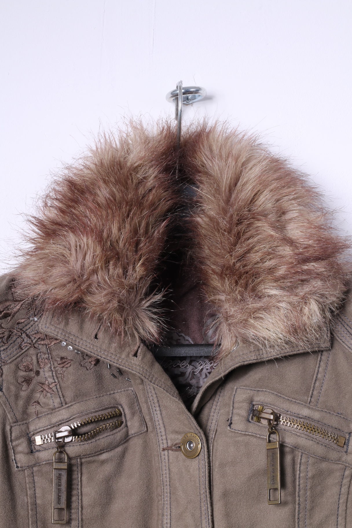 River Island Womens 34 8 S Jacket Brown Cotton Long Emroidered Fur Collar Coat