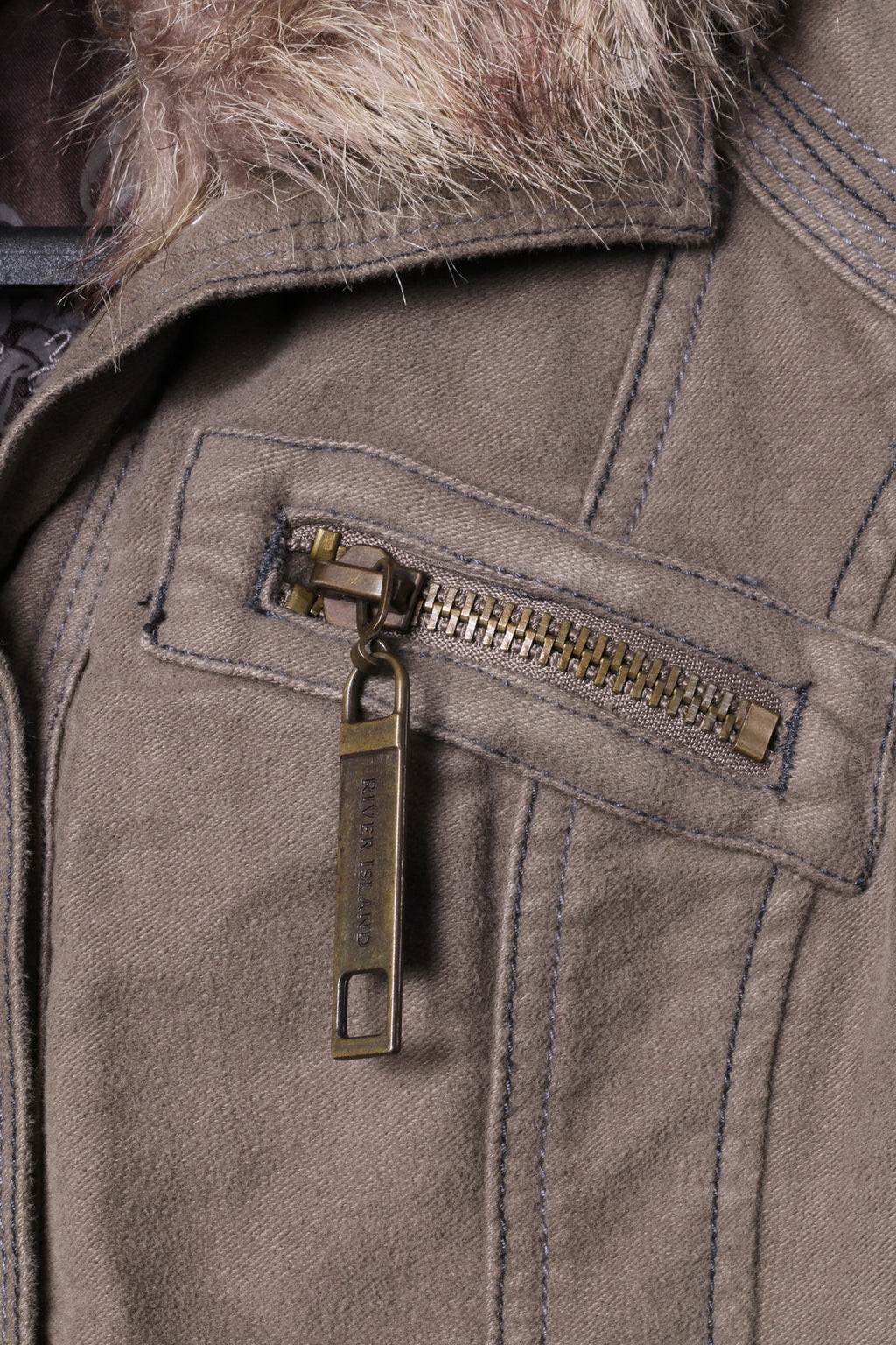 River Island Womens 34 8 S Jacket Brown Cotton Long Emroidered Fur Collar Coat