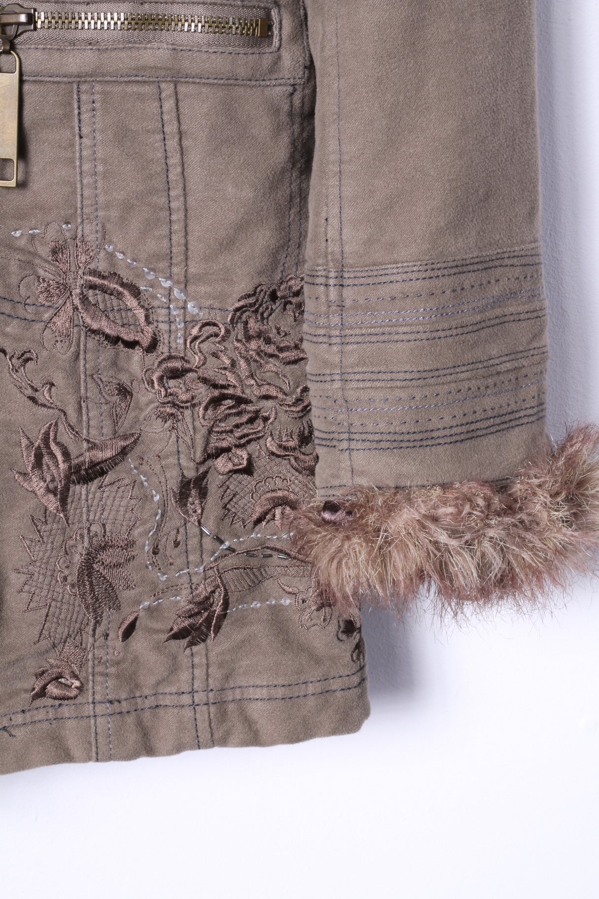 River Island Womens 34 8 S Jacket Brown Cotton Long Emroidered Fur Collar Coat