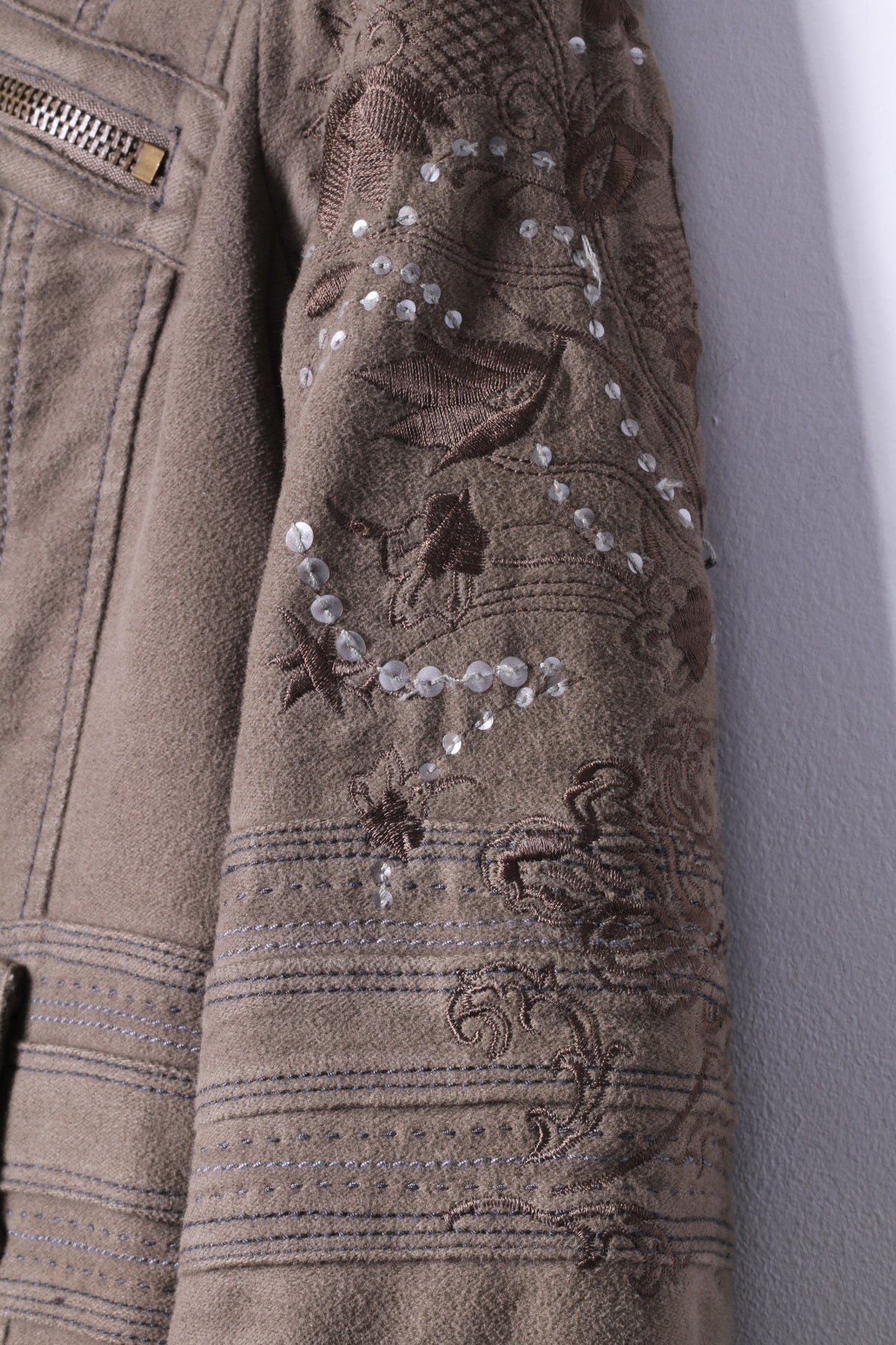 River Island Womens 34 8 S Jacket Brown Cotton Long Emroidered Fur Collar Coat